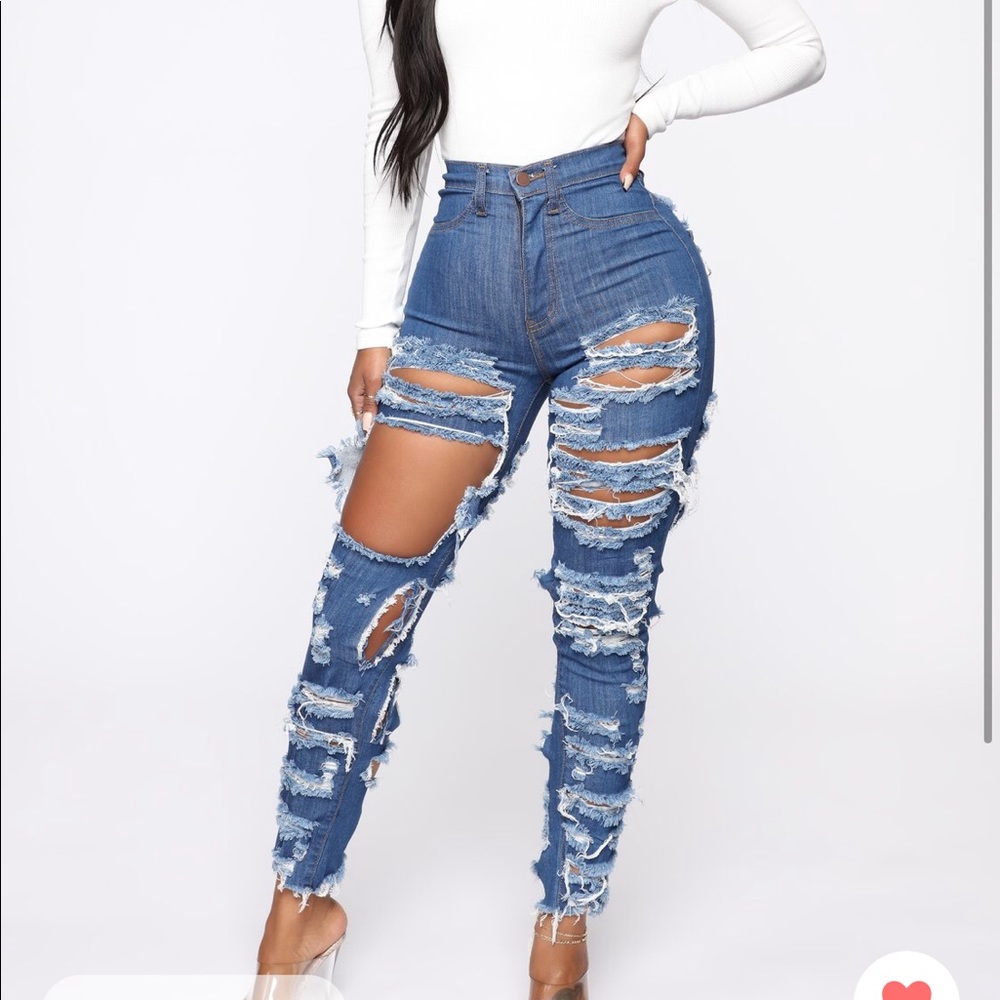 FashionNova distressed high waist dark blue jeans